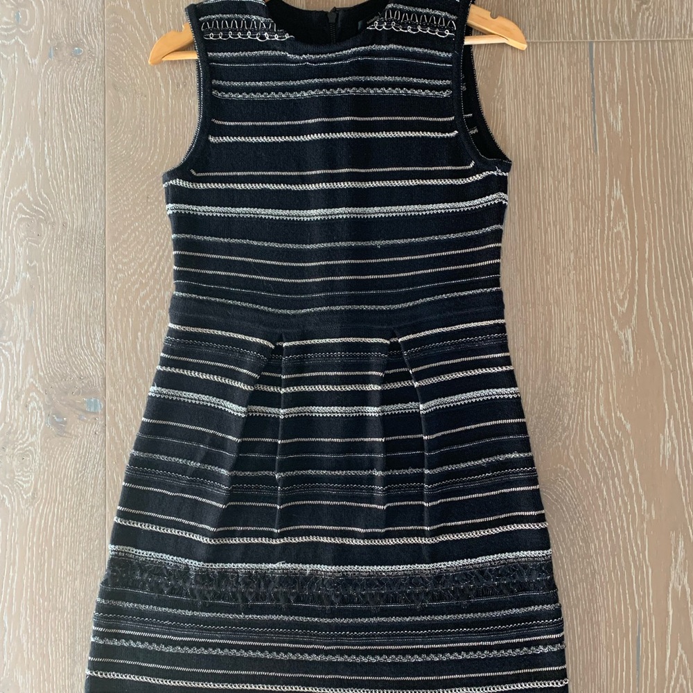 Nanette Lepore Black and metallic silver striped knit dress